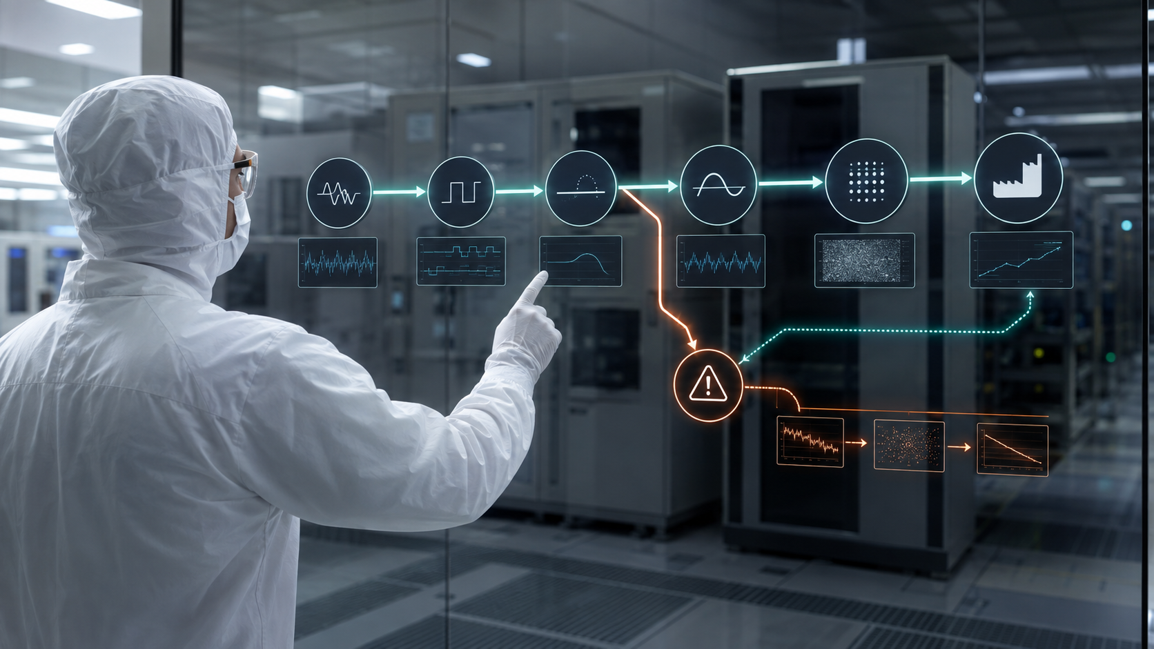 Cleanroom engineer tracing a connected systems path from incoming condition through factory output